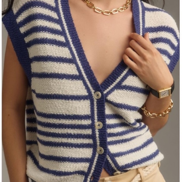 Anthropologie Maeve Slouchy Knit Sweater Vest Size XL Navy and White - Picture 2 of 12